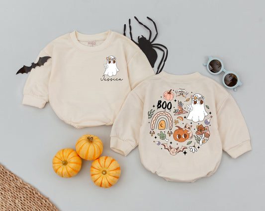 Custom Retro Halloween Romper for Baby Boys Girls Jessica Boo Ghost Floral Crown Autumnal Outfit Toddler Infant First Halloween Costume Comfort