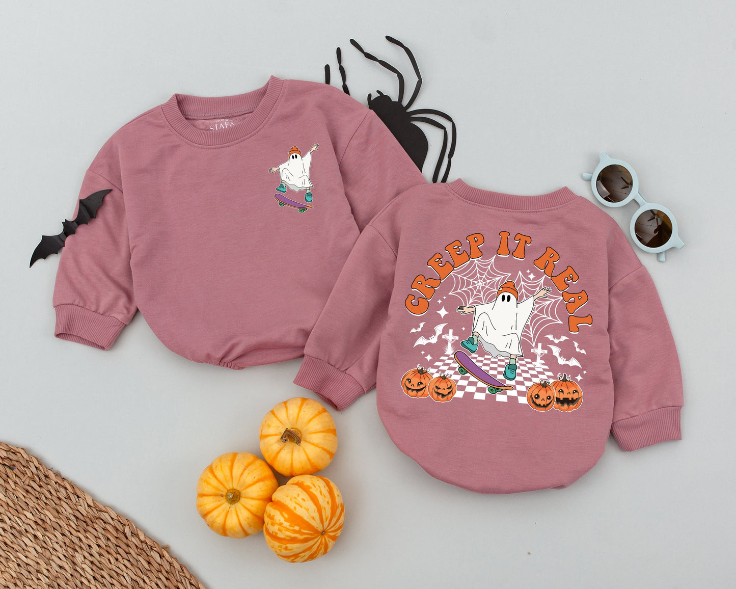 Creep It Real Ghost Baby Romper Retro Halloween Graphic Toddler Infant Boy Girl Outfit Pumpkin Season First Halloween Costume Celebration Outfit