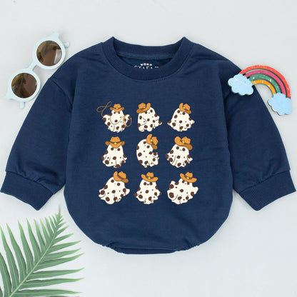 Cowboy Ghost Halloween Romper for Baby, Western Retro Outfit Newborn Girl Boy, Spooky Cowboy Hat Design, Fall Bodysuit Gift