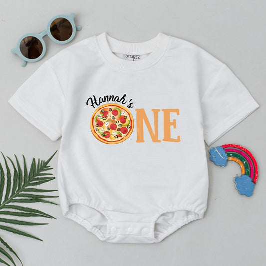 Hannah's Pizza ONE Birthday Romper Baby Girl First Birthday Outfit Pizza Party Bodysuit Cute Foodie Gift