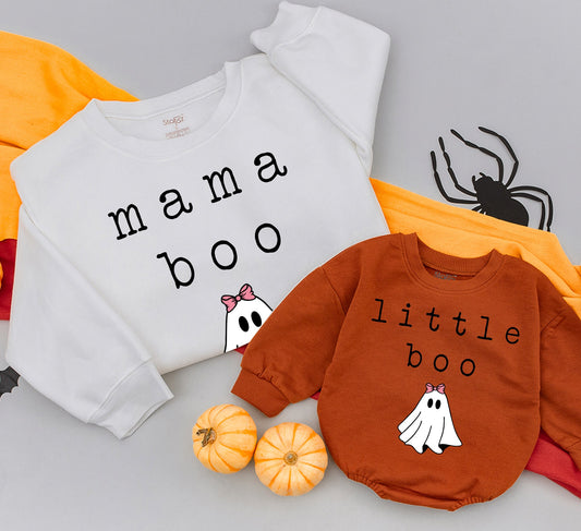 Matching Mama Little Boo Family Halloween Sweatshirts Cute Ghost Pink Bow Design, Cozy Fall Mommy and Me Outfits for All Ages and Gifting