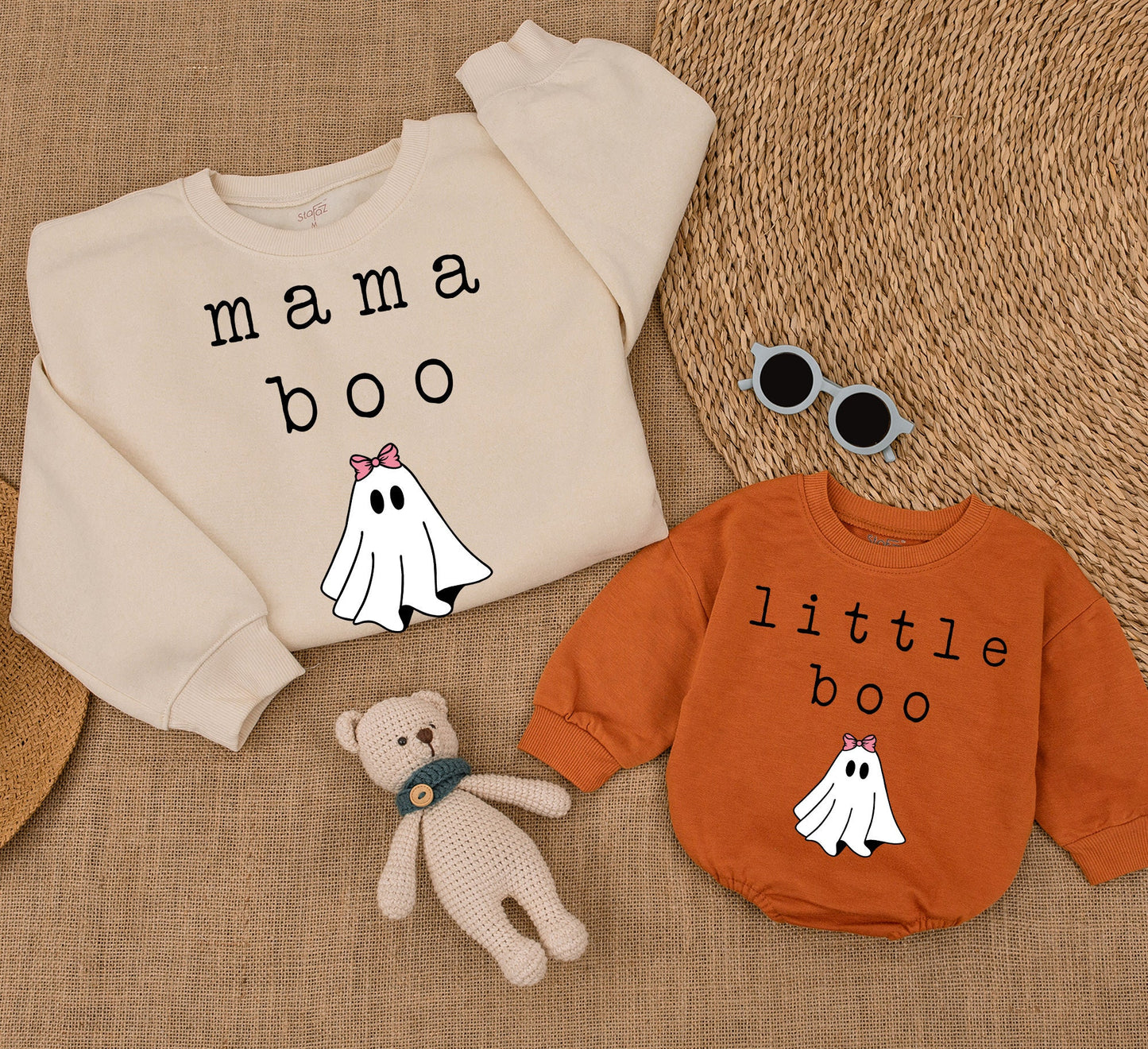 Matching Mama Little Boo Family Halloween Sweatshirts Cute Ghost Pink Bow Design, Cozy Fall Mommy and Me Outfits for All Ages and Gifting