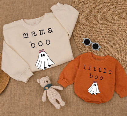 Matching Mama Little Boo Family Halloween Sweatshirts Cute Ghost Pink Bow Design, Cozy Fall Mommy and Me Outfits for All Ages and Gifting