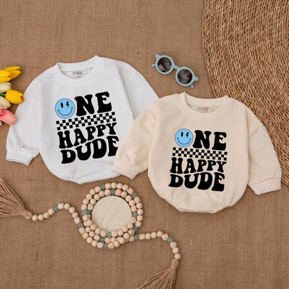 Personalized Blue One Happy Dude Romper Custom Name Smiley Face Birthday Outfit for Baby Boys First Birthday Celebration Cake Smash