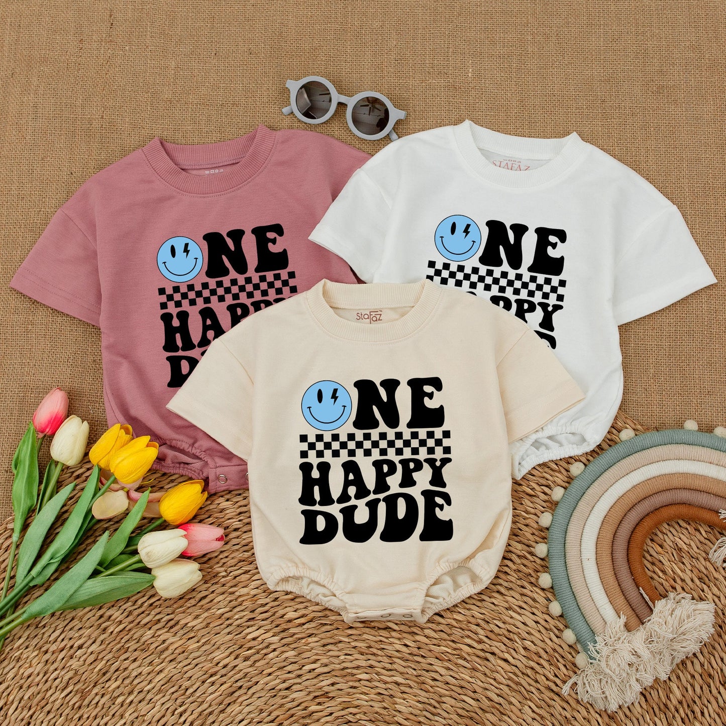 Personalized One Happy Dude Romper, Blue Lightning Bolt Smiley Face Birthday Outfit, Custom Parker First Birthday Clothes, Cool Boy Romper, Matching Family Party (137 chars)