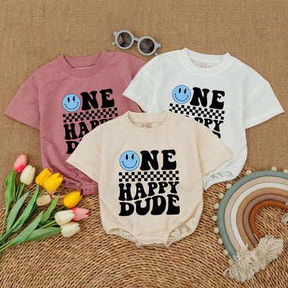 Personalized One Happy Dude Romper, Blue Lightning Bolt Smiley Face Birthday Outfit, Custom Parker First Birthday Clothes, Cool Boy Romper, Matching Family Party (137 chars)