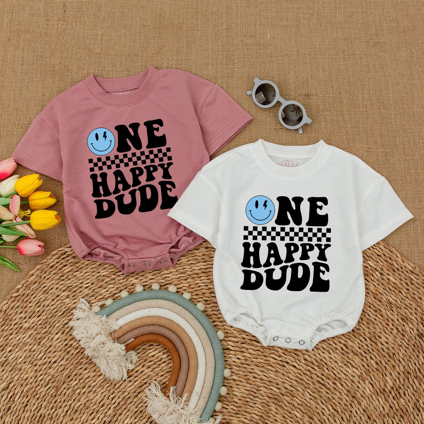 Personalized One Happy Dude Romper, Blue Lightning Bolt Smiley Face Birthday Outfit, Custom Parker First Birthday Clothes, Cool Boy Romper, Matching Family Party (137 chars)