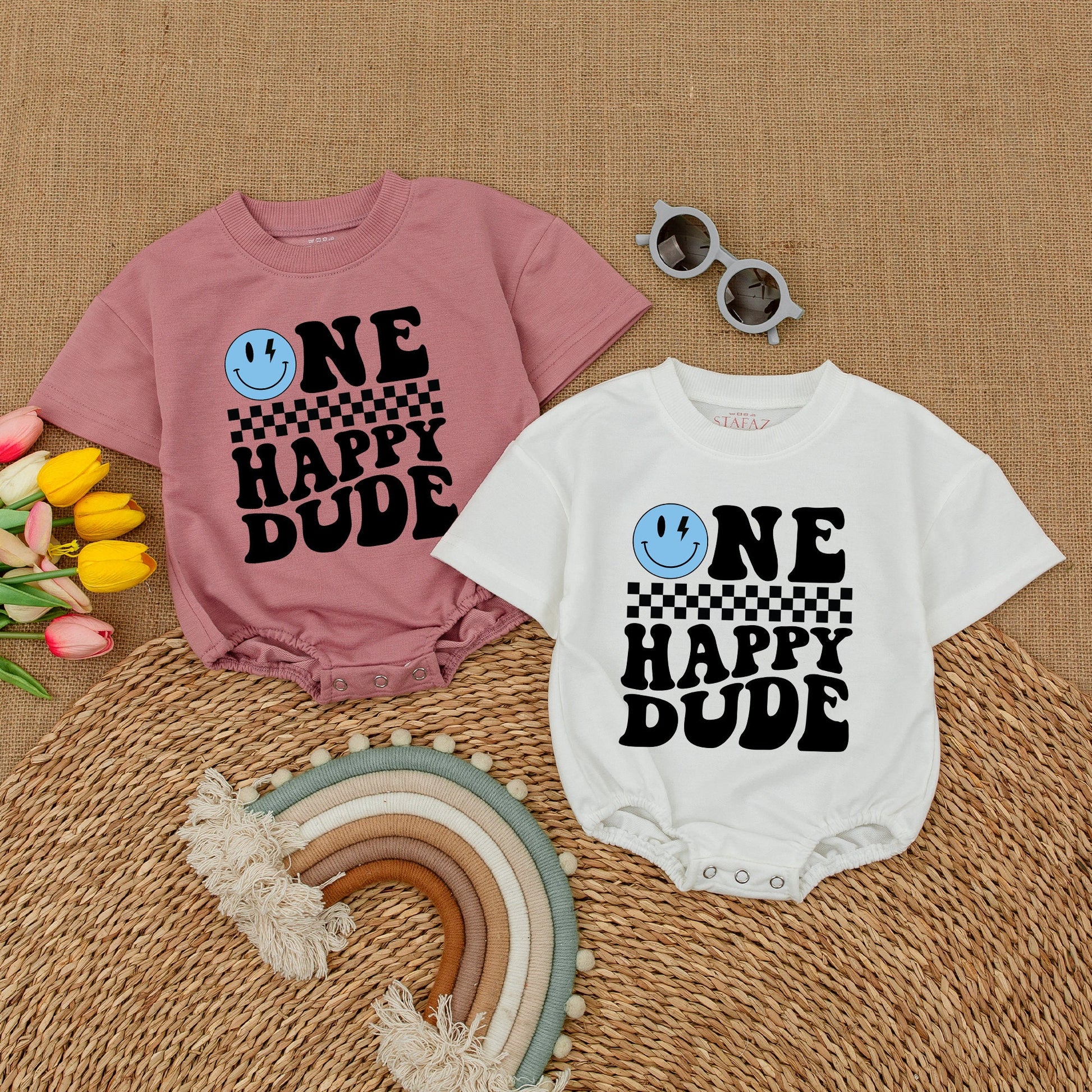 Personalized One Happy Dude Romper, Blue Lightning Bolt Smiley Face Birthday Outfit, Custom Parker First Birthday Clothes, Cool Boy Romper, Matching Family Party (137 chars)