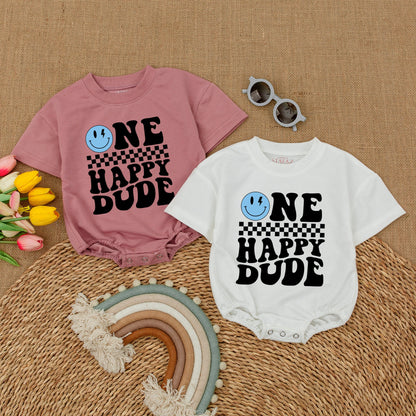 Personalized One Happy Dude Romper, Blue Lightning Bolt Smiley Face Birthday Outfit, Custom Parker First Birthday Clothes, Cool Boy Romper, Matching Family Party (137 chars)