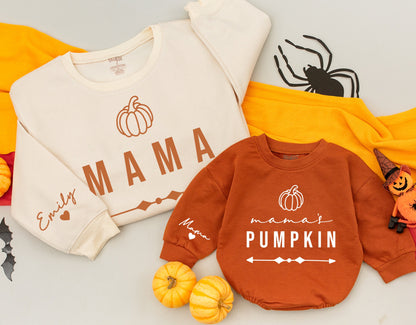 Mama & Mama's Pumpkin Matching Sweatshirts - Fall Mommy and Me Outfits, Thanksgiving Kid's Shirt, Brown Cream Family Sweaters (138 chars)