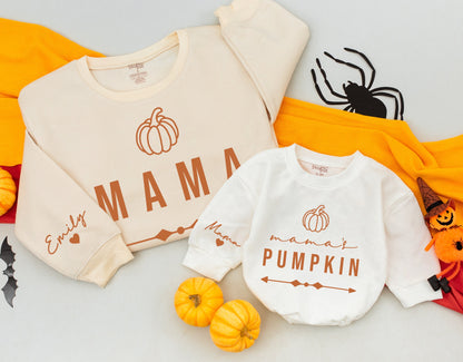 Mama & Mama's Pumpkin Matching Sweatshirts - Fall Mommy and Me Outfits, Thanksgiving Kid's Shirt, Brown Cream Family Sweaters (138 chars)