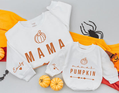 Mama & Mama's Pumpkin Matching Sweatshirts - Fall Mommy and Me Outfits, Thanksgiving Kid's Shirt, Brown Cream Family Sweaters (138 chars)