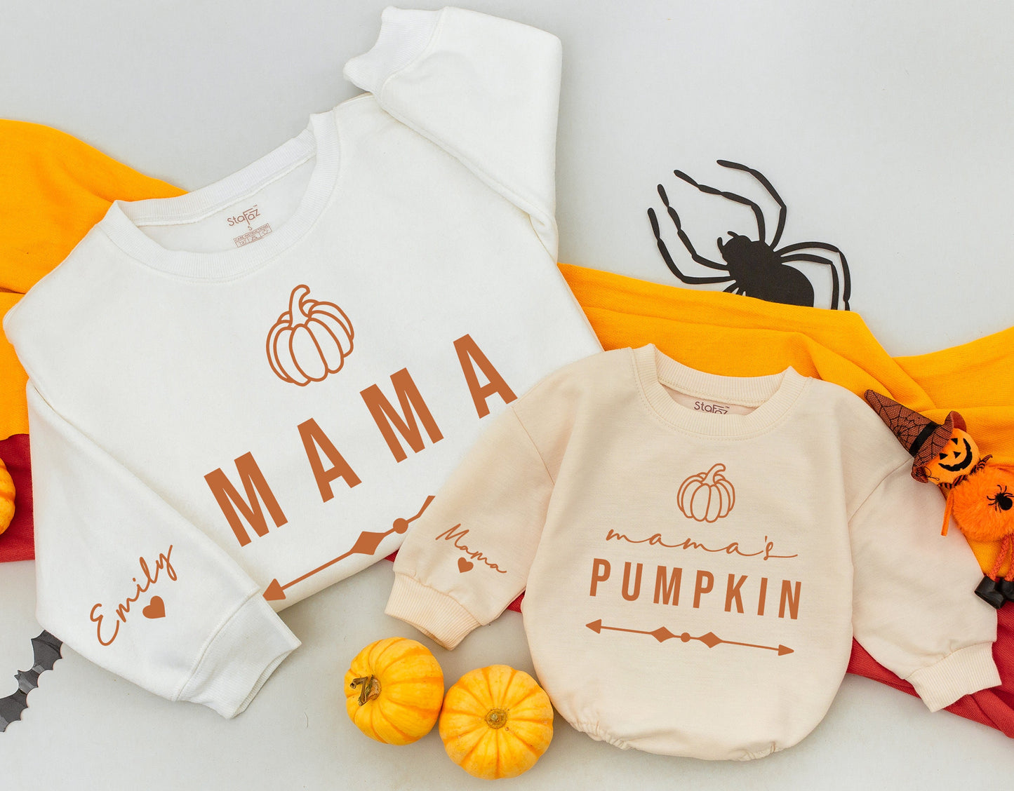Mama & Mama's Pumpkin Matching Sweatshirts - Fall Mommy and Me Outfits, Thanksgiving Kid's Shirt, Brown Cream Family Sweaters (138 chars)