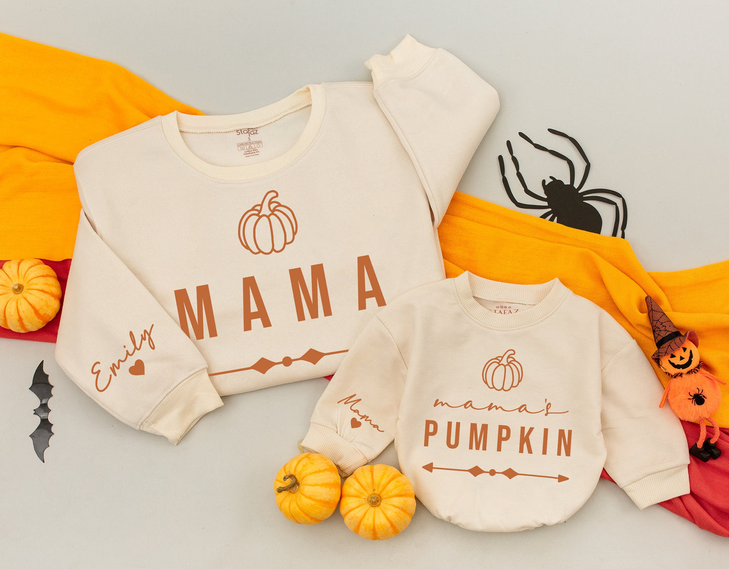 Mama & Mama's Pumpkin Matching Sweatshirts - Fall Mommy and Me Outfits, Thanksgiving Kid's Shirt, Brown Cream Family Sweaters (138 chars)