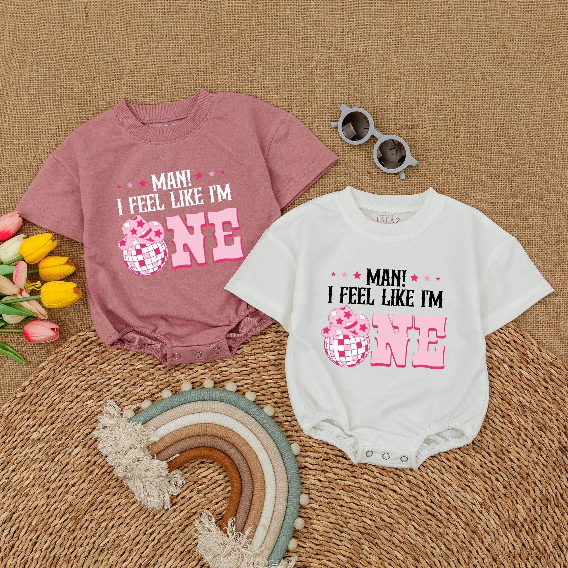 Groovy Cowgirl First Birthday Romper 'Man I Feel Like I'm One' Outfit Short Sleeve My First Rodeo Baby Clothes