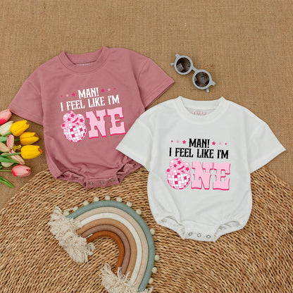 Groovy Cowgirl First Birthday Romper 'Man I Feel Like I'm One' Outfit Short Sleeve My First Rodeo Baby Clothes