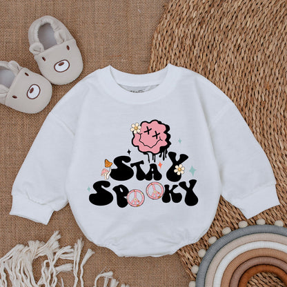 Stay Spooky Halloween Baby Romper Outfit Retro Groovy First Halloween Clothes Infant Bodysuit Cute Pink Cloud Mushroom Design Fall Baby Clothes Gift 138