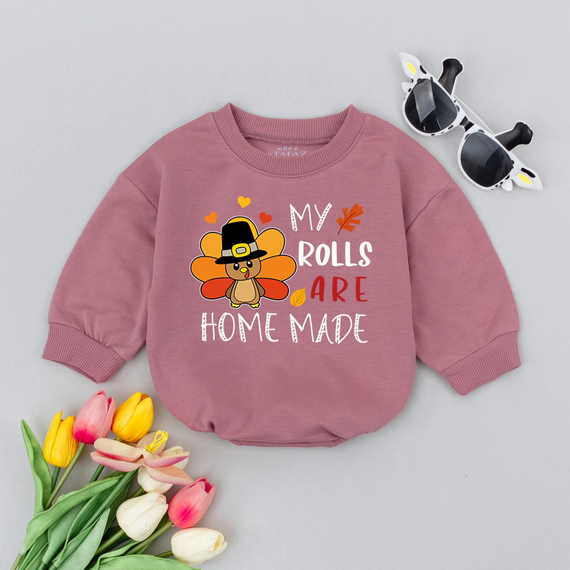 First Thanksgiving Baby Romper, Cute Fall Bodysuit, Homemade Rolls