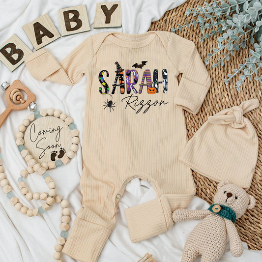 Personalized Halloween Baby Romper - Sarah's Spooky Season Outfit, Custom Name Long Sleeve Romper, Soft Cotton Newborn Gift, Girls & Boys, Fall Fun 139