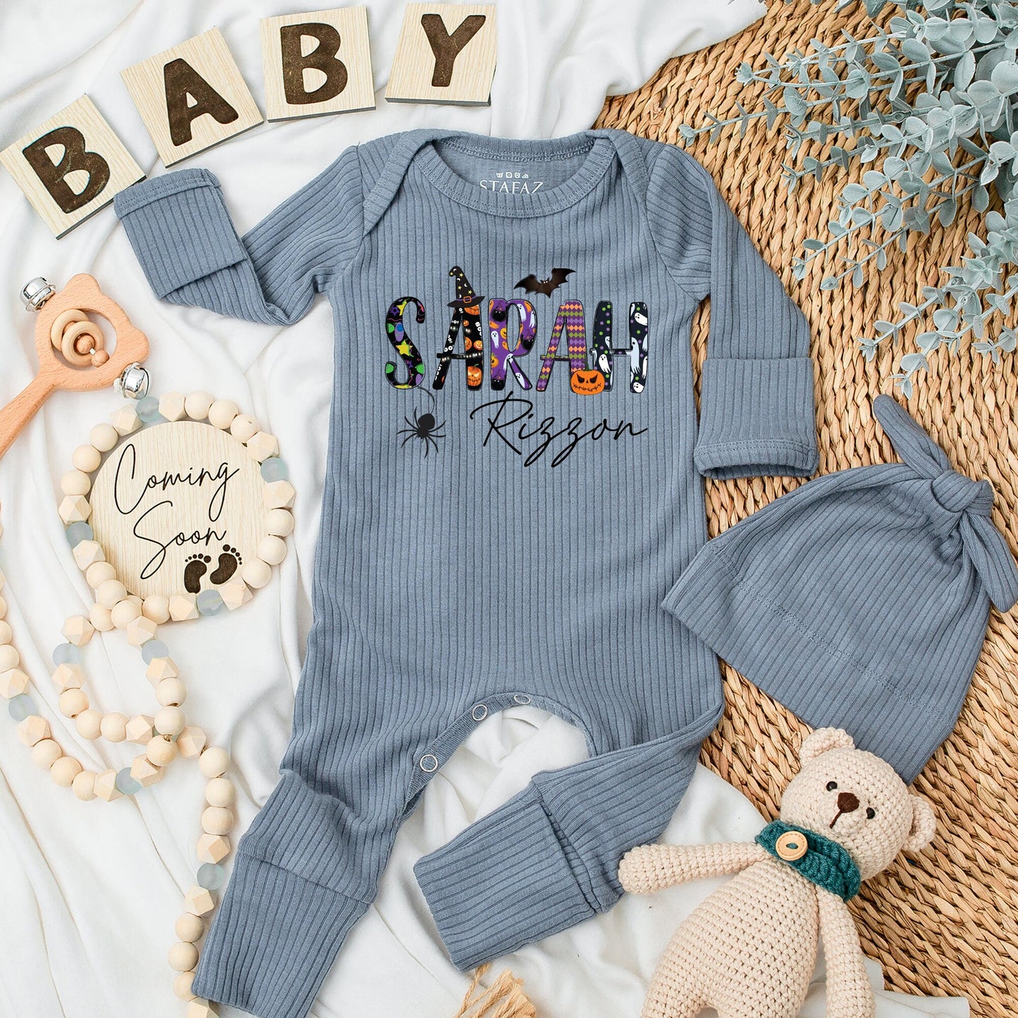 Personalized Halloween Baby Romper - Sarah's Spooky Season Outfit, Custom Name Long Sleeve Romper, Soft Cotton Newborn Gift, Girls & Boys, Fall Fun 139