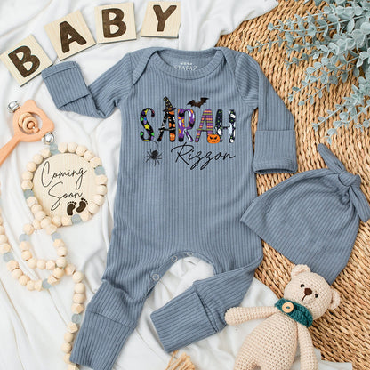 Personalized Halloween Baby Romper - Sarah's Spooky Season Outfit, Custom Name Long Sleeve Romper, Soft Cotton Newborn Gift, Girls & Boys, Fall Fun 139