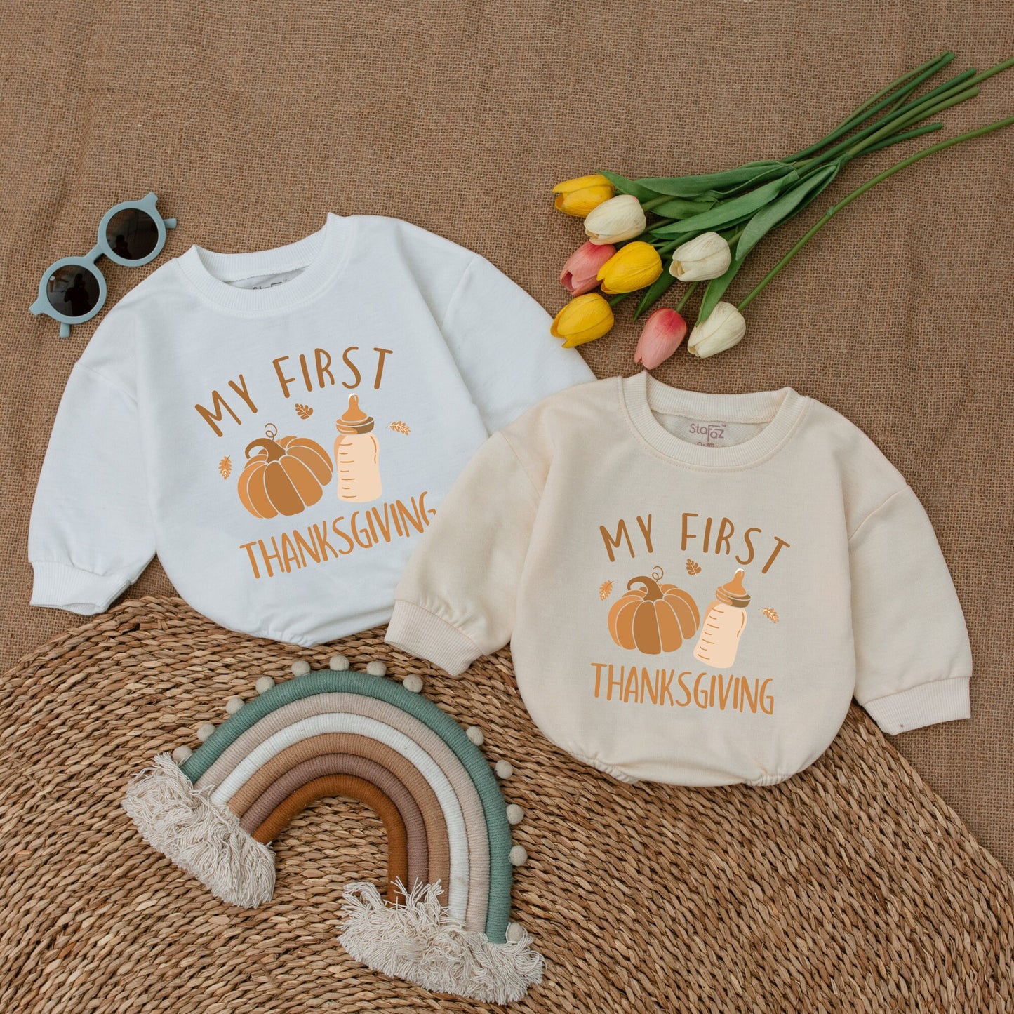My First Thanksgiving Romper with adorable Pumpkin Design Baby Bodysuit comfy Fall Outfit Bubble Style Infant Announcement Clothes