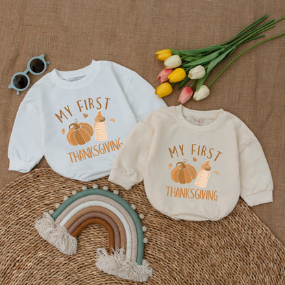 My First Thanksgiving Romper with adorable Pumpkin Design Baby Bodysuit comfy Fall Outfit Bubble Style Infant Announcement Clothes