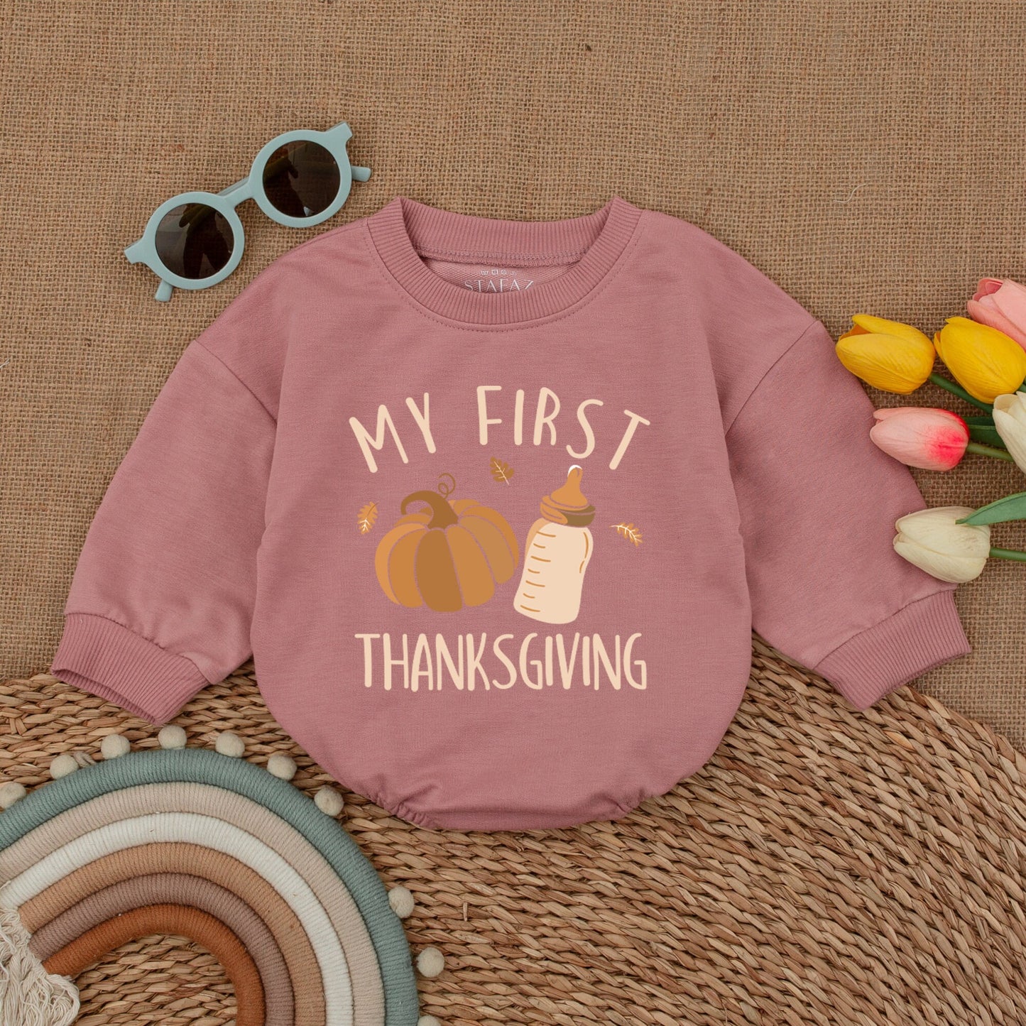 My First Thanksgiving Romper with adorable Pumpkin Design Baby Bodysuit comfy Fall Outfit Bubble Style Infant Announcement Clothes
