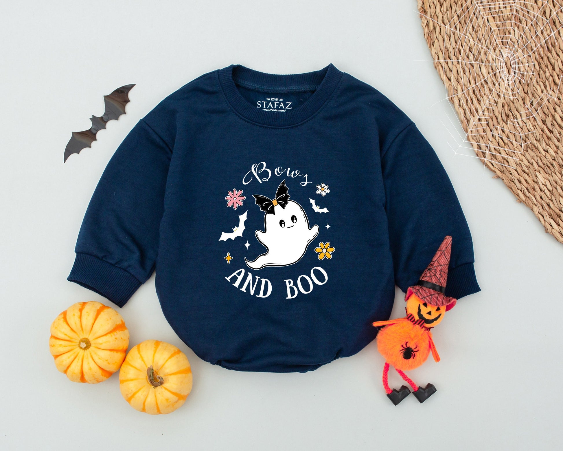 Bows and Boo Cute Ghost Baby Halloween Romper 1st Outfit Girl Boy with Black Bow Ghost Bats Yellow Stars Pink Flowers Spooky Sweet