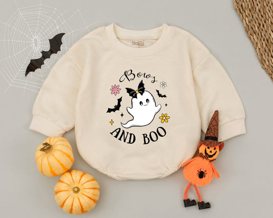 Bows and Boo Cute Ghost Baby Halloween Romper 1st Outfit Girl Boy with Black Bow Ghost Bats Yellow Stars Pink Flowers Spooky Sweet