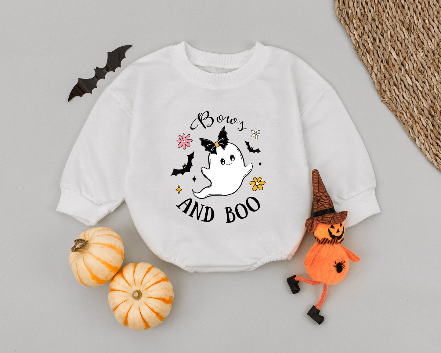 Bows and Boo Cute Ghost Baby Halloween Romper 1st Outfit Girl Boy with Black Bow Ghost Bats Yellow Stars Pink Flowers Spooky Sweet