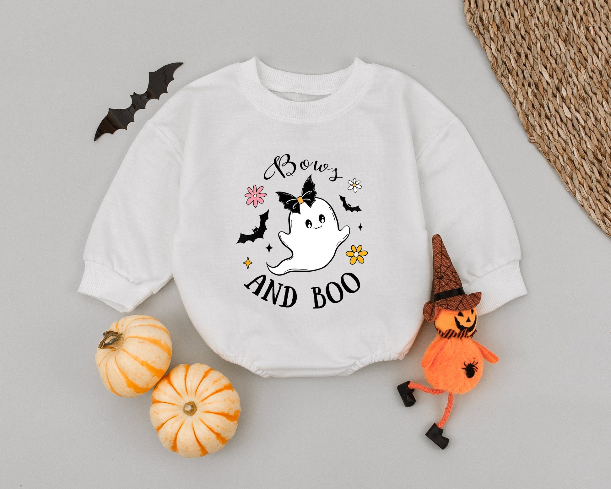 Bows and Boo Cute Ghost Baby Halloween Romper 1st Outfit Girl Boy with Black Bow Ghost Bats Yellow Stars Pink Flowers Spooky Sweet