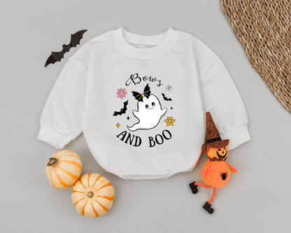Bows and Boo Cute Ghost Baby Halloween Romper 1st Outfit Girl Boy with Black Bow Ghost Bats Yellow Stars Pink Flowers Spooky Sweet
