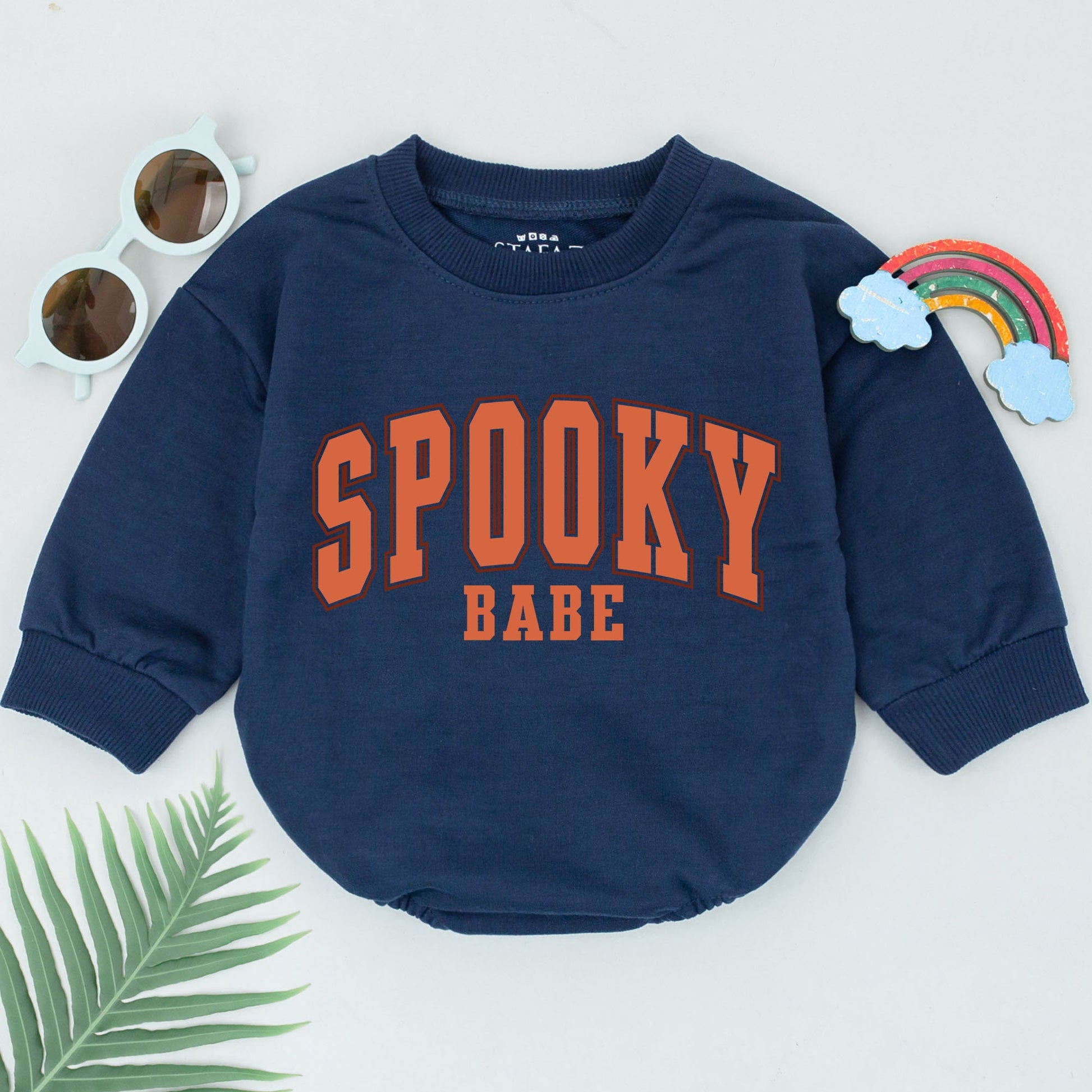 Spooky Babe Romper for Baby Girls, First Halloween Outfit, Fall Baby Shower Gift, Cute Boo Costume Spooky Season White Collegiate Text Design