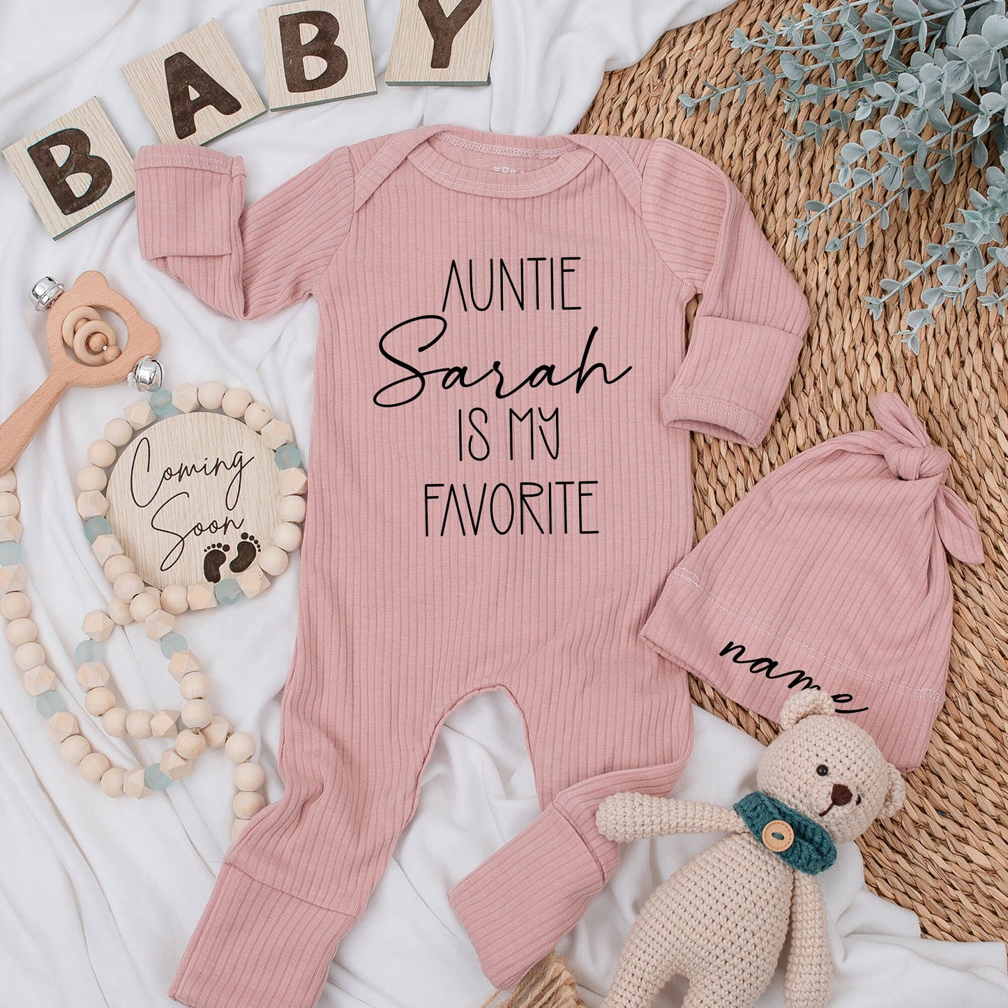 Personalized Auntie Is My Favorite Baby Bodysuit Custom Name Script Design Soft Cotton Modern Minimalist Newborn Shower Gift Funny Announcement