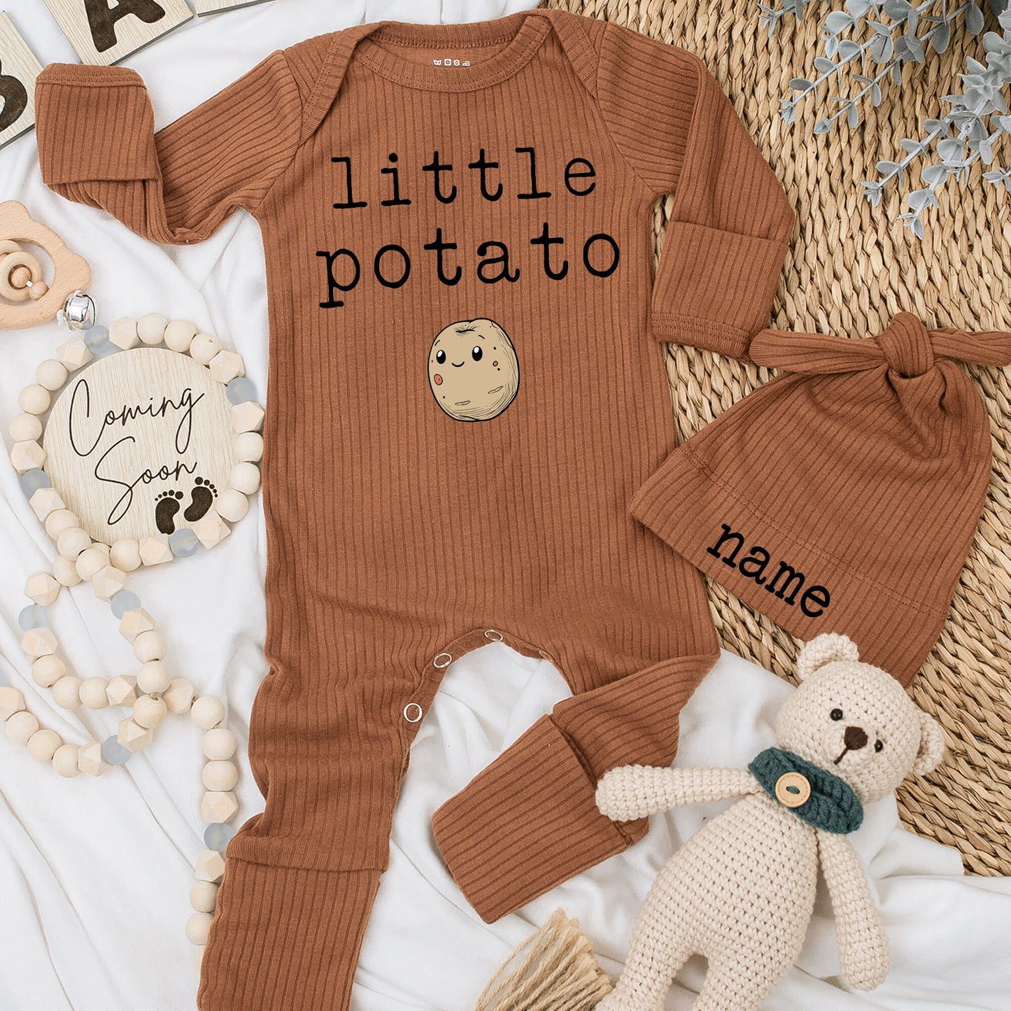 Little Potato Baby Bodysuit & Hat Set Personalized with Custom Name, Cute Unisex Newborn Outfit Going Home Gift, Funny First Birthday Clothes 139chars