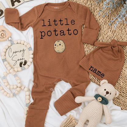 Little Potato Baby Bodysuit & Hat Set Personalized with Custom Name, Cute Unisex Newborn Outfit Going Home Gift, Funny First Birthday Clothes 139chars