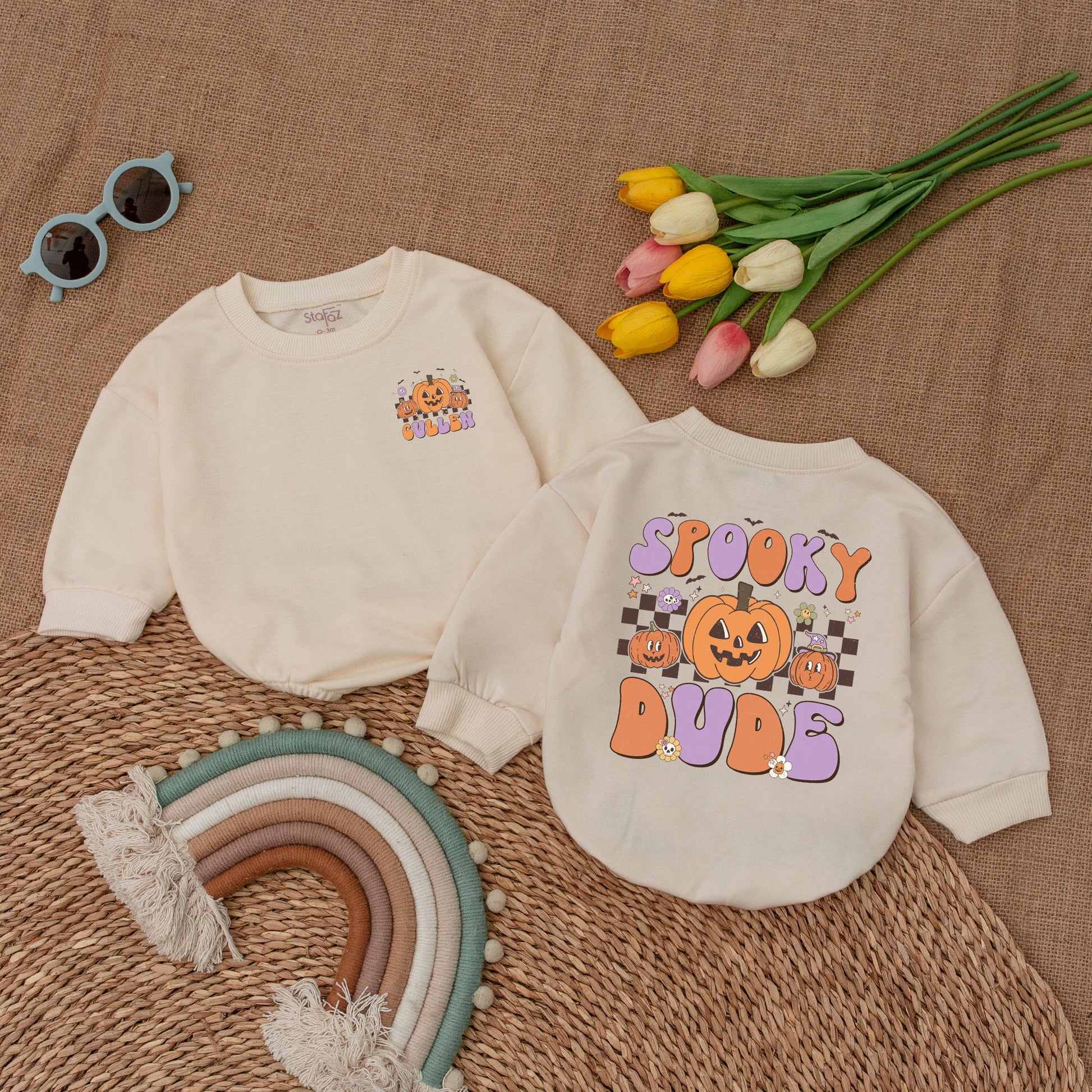 Custom Spooky Dude Baby Romper Retro Halloween Bodysuit, a vintage fall bubble outfit for a newborn, perfect cute spooky season baby shower gift