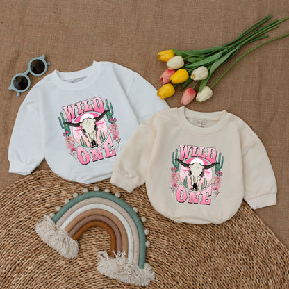 Retro Pink Cowgirl Romper: First Rodeo Birthday Baby Outfit