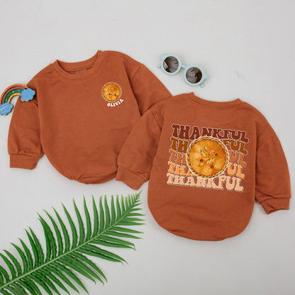Personalized Pumpkin Pie Baby Romper with Autumn Leaves Thankful Fall Thanksgiving Bodysuit Girls Newborn Cute Retro Design Baby Shower Gift