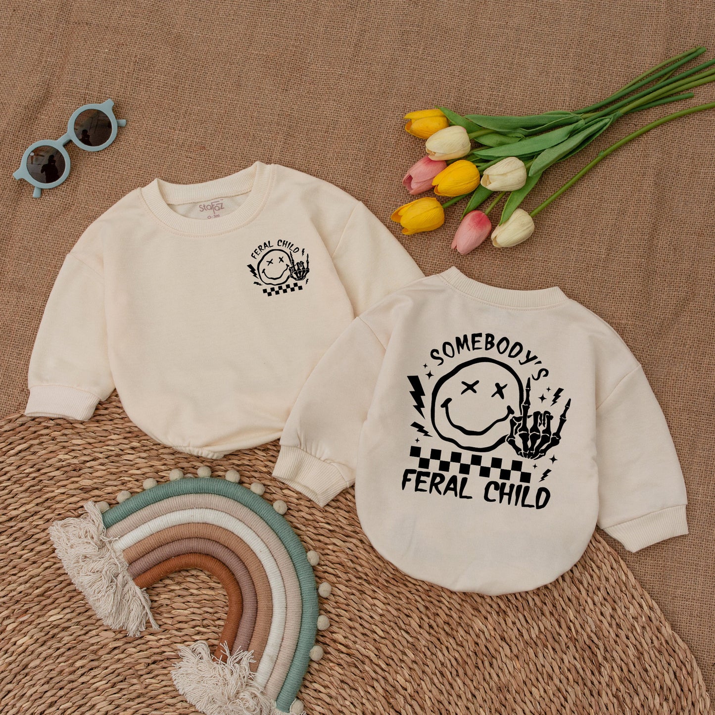 Somebody's Feral Child Romper with Checkered Flag and Middle Finger Skeleton Hand Graphic Funny Baby Bodysuit for Trendy Kids