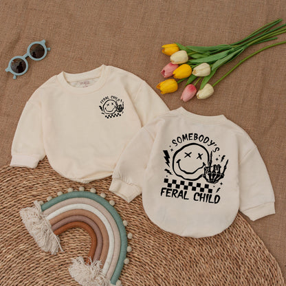 Somebody's Feral Child Romper with Checkered Flag and Middle Finger Skeleton Hand Graphic Funny Baby Bodysuit for Trendy Kids