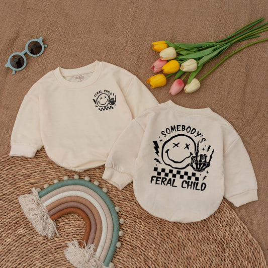 Somebody's Feral Child Romper with Checkered Flag and Middle Finger Skeleton Hand Graphic Funny Baby Bodysuit for Trendy Kids