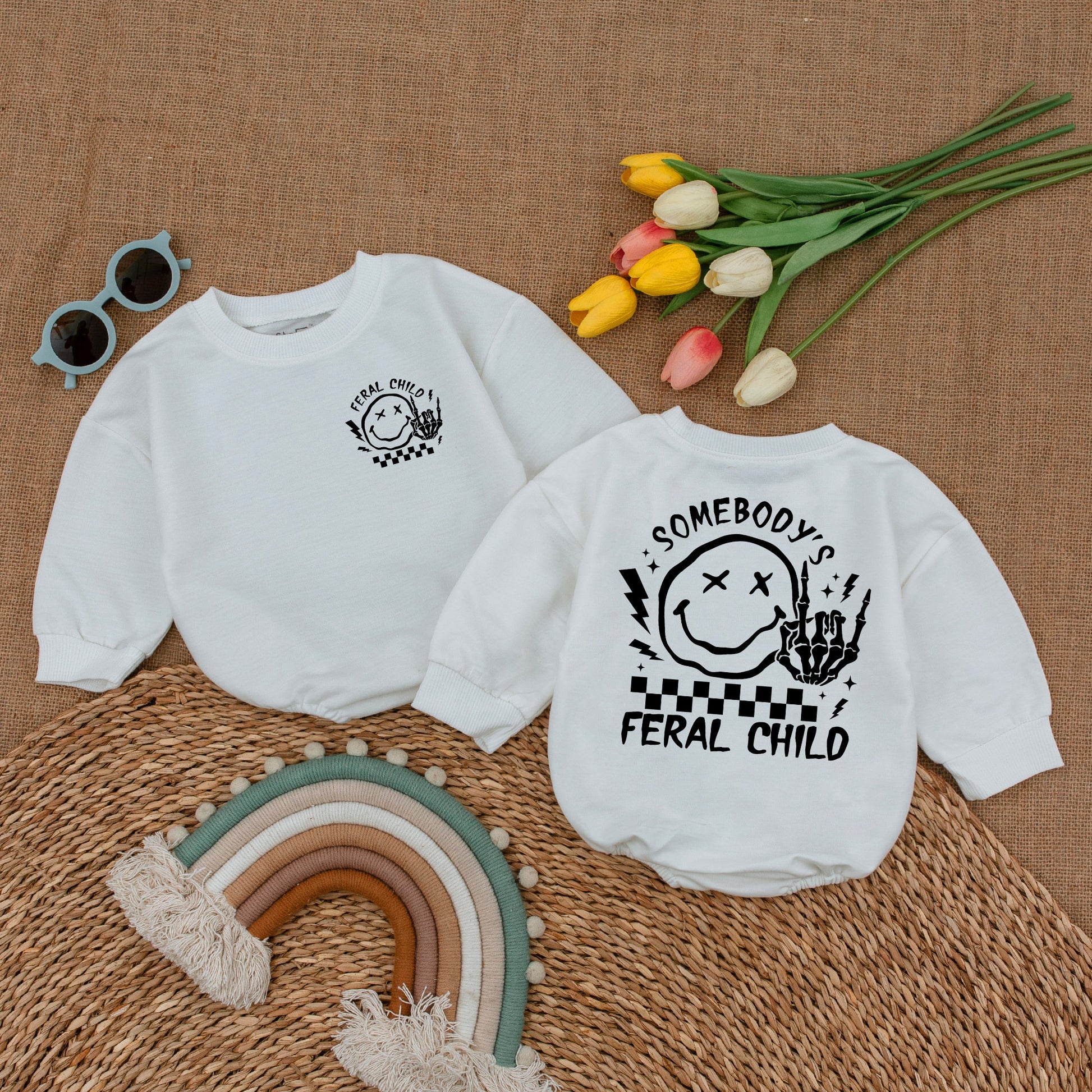 Somebody's Feral Child Romper with Checkered Flag and Middle Finger Skeleton Hand Graphic Funny Baby Bodysuit for Trendy Kids