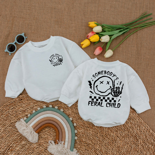 Somebody's Feral Child Romper with Checkered Flag and Middle Finger Skeleton Hand Graphic Funny Baby Bodysuit for Trendy Kids