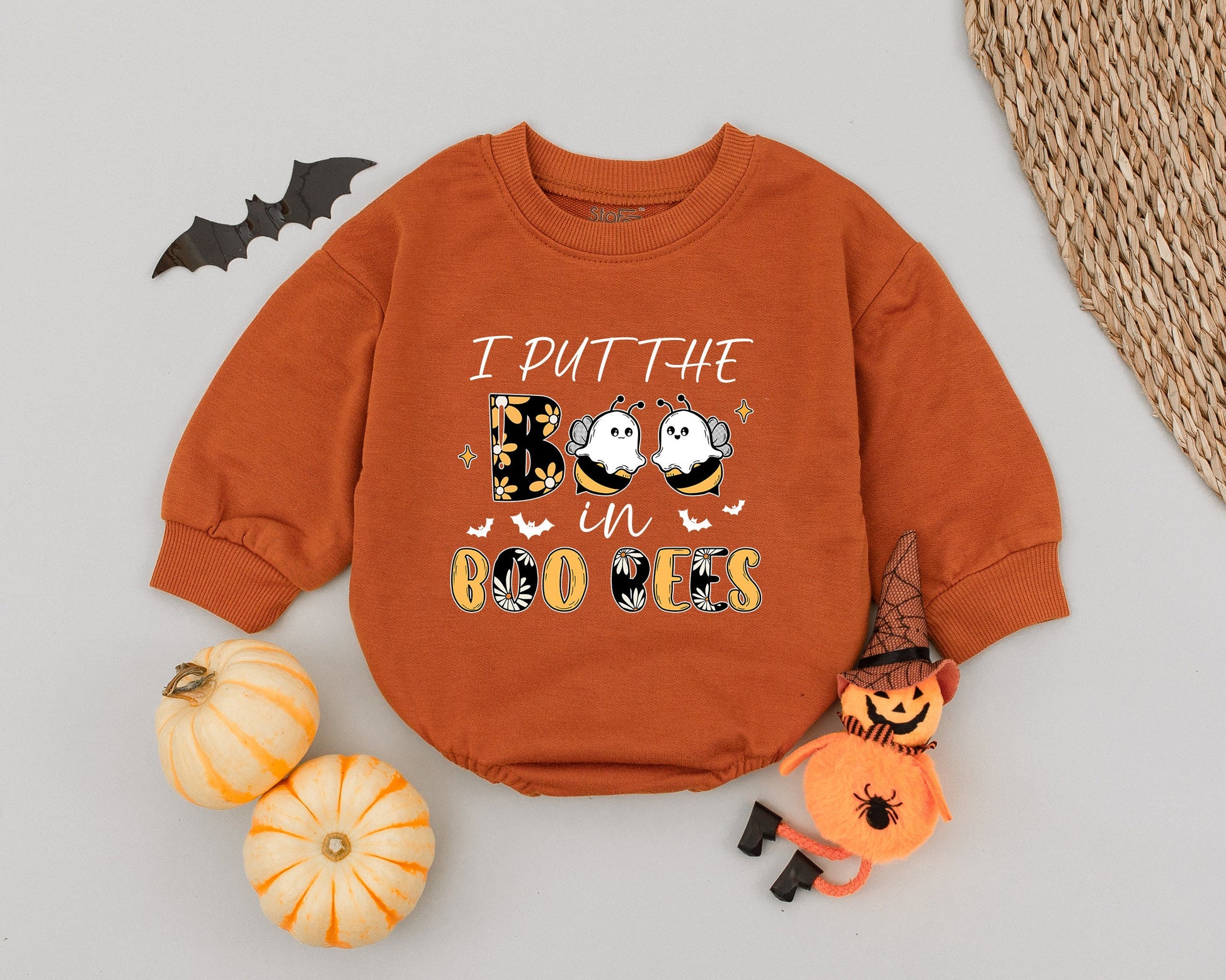 I Put The Boo in Boo Bees Baby Romper First Halloween Ghost Bee Costume Girls Boys Cute Newborn Outfit Floral Bat Design Black White Gold