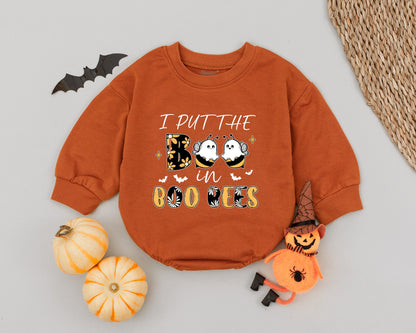 I Put The Boo in Boo Bees Baby Romper First Halloween Ghost Bee Costume Girls Boys Cute Newborn Outfit Floral Bat Design Black White Gold