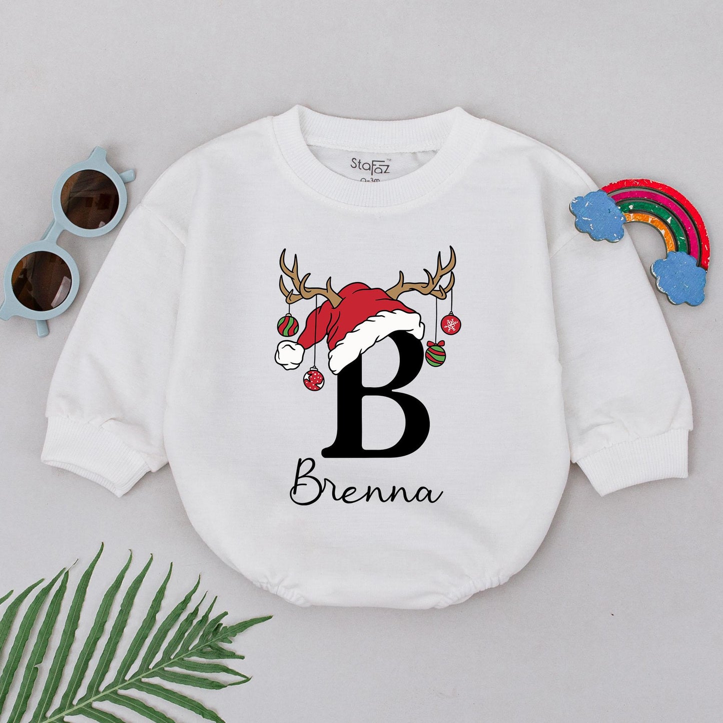 Personalized 1st Christmas Romper: Reindeer Antlers & Santa Hat! Custom Name Outfit, Newborn Xmas Clothes, Baby Shower Gift for Girls, Christmas Outfit 138