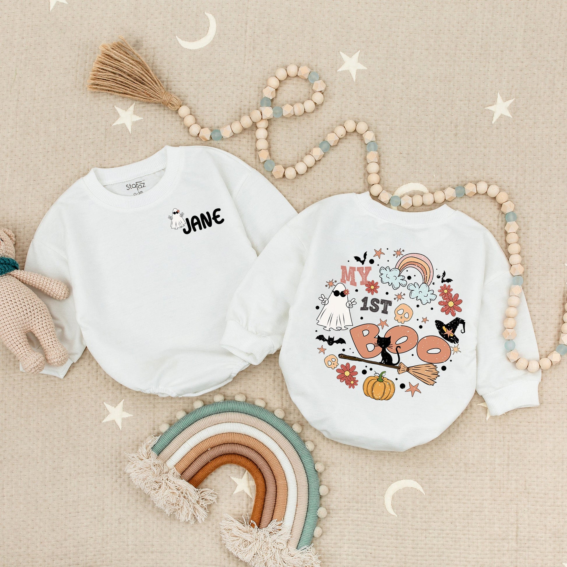 Personalized My 1st Boo Romper: Spooky Cute Halloween Outfit for Baby, Toddler or Infant – Ghost, Cat & Pumpkin Groovy First Halloween Costume (138 chars)
