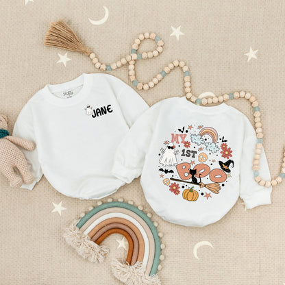 Personalized My 1st Boo Romper: Spooky Cute Halloween Outfit for Baby, Toddler or Infant – Ghost, Cat & Pumpkin Groovy First Halloween Costume (138 chars)